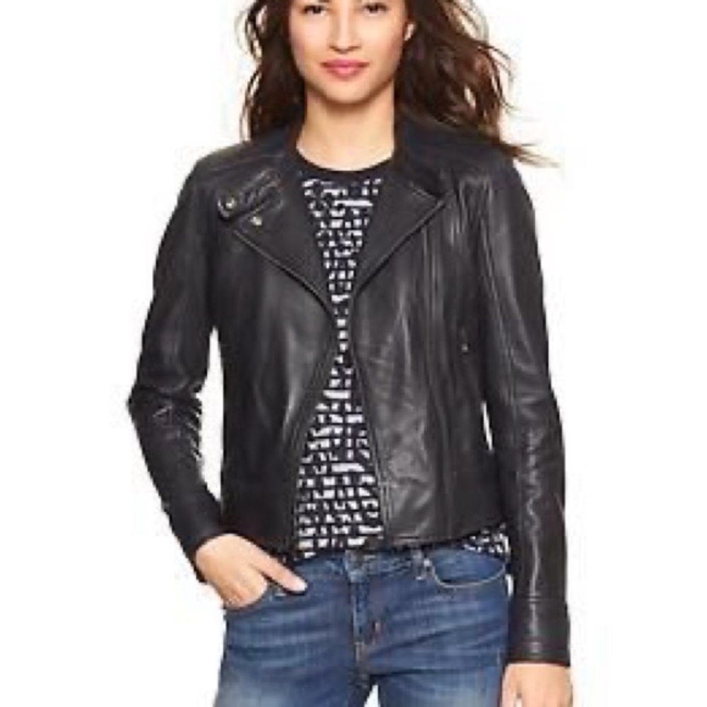 GAP Blue Leather Jacket Classic Moto Style